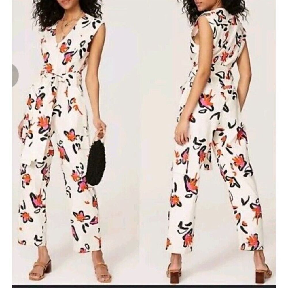 Tanya Taylor Margot Linen Blend Orange Blooms Design Print Jumpsuit Boho